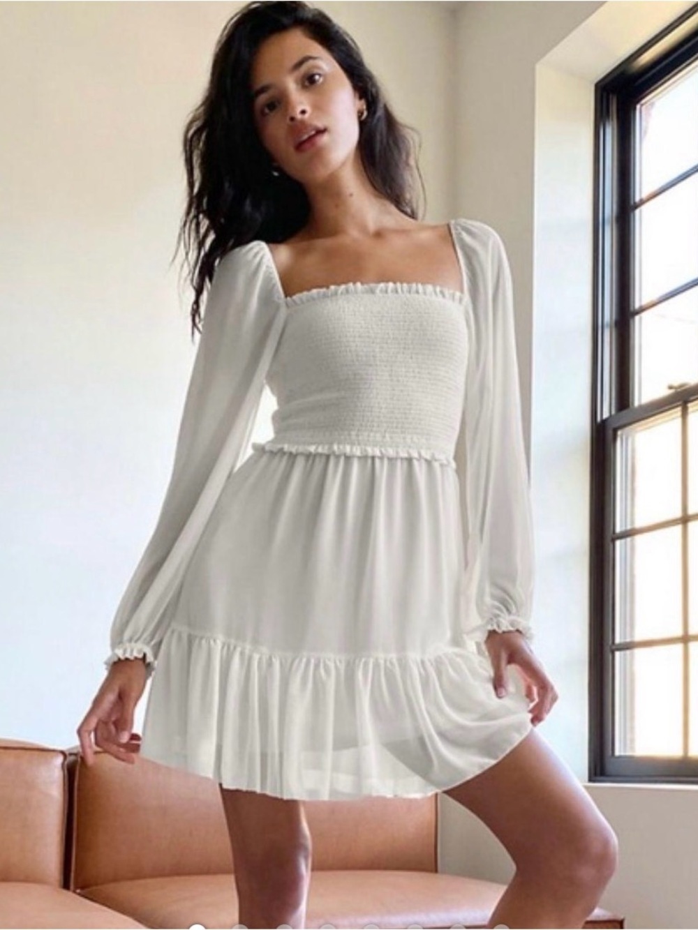Aritzia Wilfred Tempest White Smocked Square-Neck Long-Sleeve Mini Dress Sz M